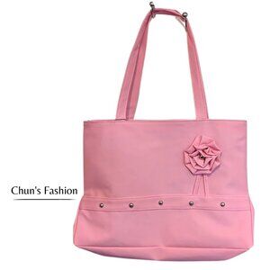 Women's Vegan Pink Faux Leather Hand Bag with Flower & Silver-Tone Studs NWT